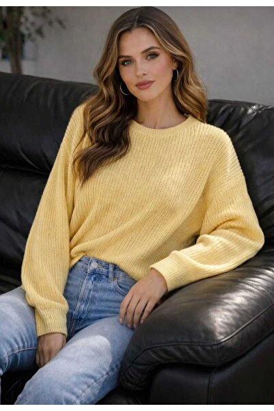 LUVON Yellow Crew Neck Oversize Women's Knitwear Sweater
