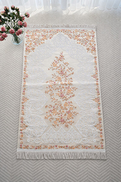 uhtico Saten İpek Seccade Kahverengi, Çiçekli Mihrap Desenli, Hac Umre Hediye...