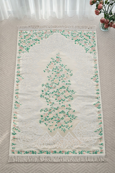 uhtico Saten İpek Seccade Krem, Çiçekli Mihrap Desenli, Hac Umre Hediyesi Gel...