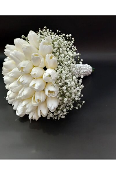 Black Rose Islak Lale ve Şoklanmış Cipso Gelin Buketi - İnci Detaylı Modern G...