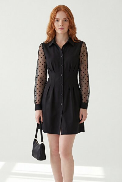 femininwear Kadın Gömlek Yaka Düğmeli Mini Krep Elbise