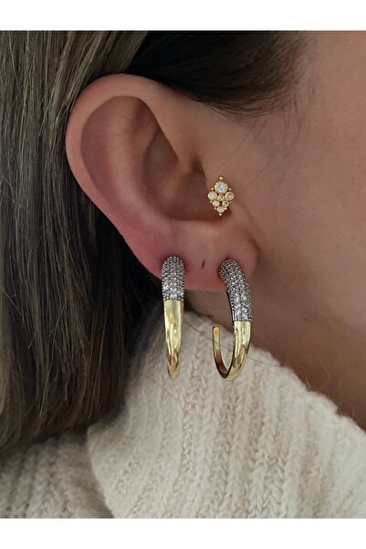 Pinery Jewels C Çift Renk Yarı Zirkon Taşlı Küpe Çifti