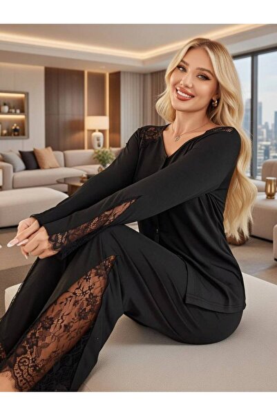 AURASTİL Women's Black Viscose Lace Detailed Long Sleeve Pajama Set Serena