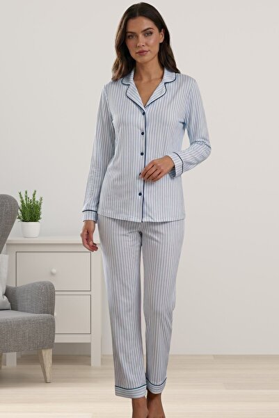 by İGP Striped Front Buttoned Long Sleeve Women's Pajama Set