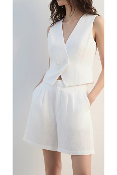 azabutik KADIN BEYAZ KETEN KUMAŞ ŞORTLU TAKIM