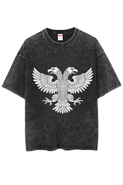 Le Savu Washed Double Headed Eagle Printed Unisex Oversize Vintage T-Shirt