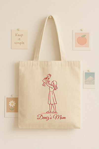 Maki Craft Kişiye Özel Minimal Anne & Kız Çocuk Kırmızı Çizimli Tasarım Bez Ç...