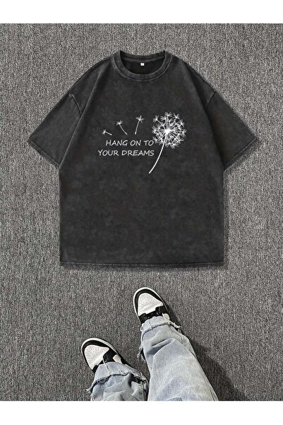 Le Savu Washable Hang on to Your Dreams Printed Unisex Oversize Vintage T-Shirt