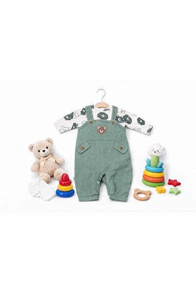 almini Embroidered Bear 2-Piece Salopet Set, Long Sleeve Snap Fastener Newbor...