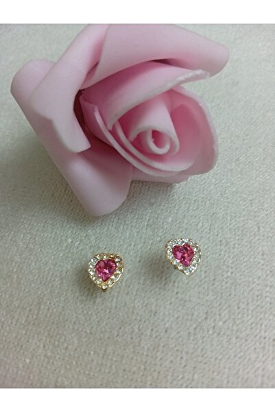 Pervin Ablacım Heart Pink Stone Nail Children's Earring Steel