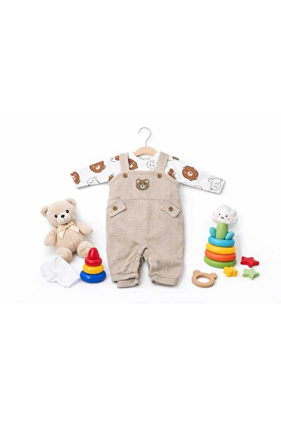 almini Embroidered Bear 2-Piece Salopet Set, Long Sleeve Snap Fastener Newbor...