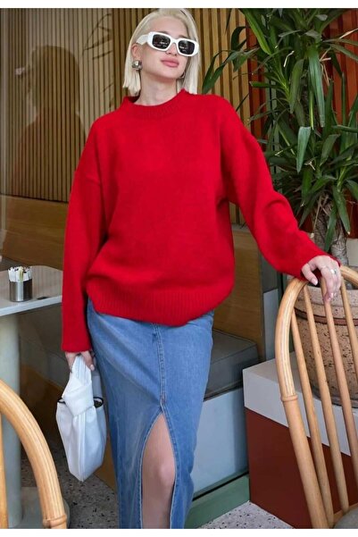 LUVON Red Crew Neck Oversize Knitwear Women's Sweater