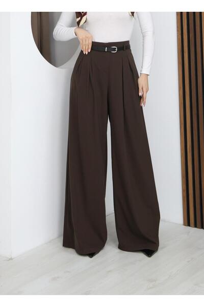 Moda Banuş Pantaloni de damă cu curea, largi, plisați, maro, Palazzo Latina