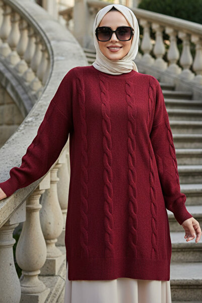 N.S NEVA STYLE Knitted Detailed Burgundy Hijab Sweater 60051Br