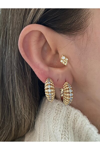 Pinery Jewels Oval Tek Taşlı Küpe Çifti