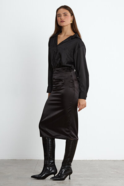 LADYA COLLECTION Μαύρο Νουάρ Σατέν Πουκάμισο