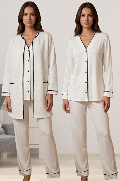by İGP Ecru Quilted Dressing Gown Front Buttoned Maternity Pajama Set