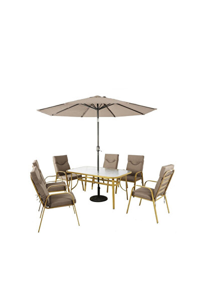 DEC4 Outdoor dining table with 6 chairs and umbrella.