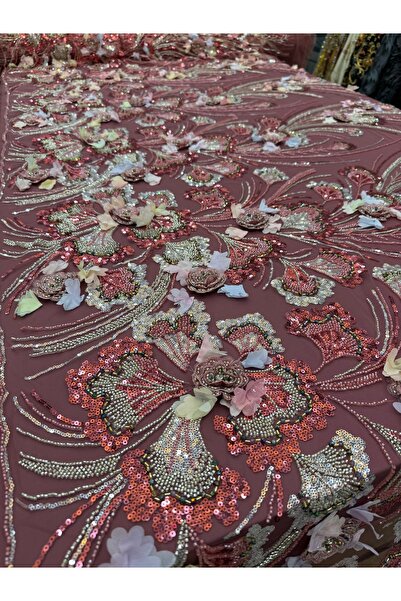 OsmanKumaşDantel Yoğun boncuk, taş, payet 3D işlemeli dantel (100x150cm)