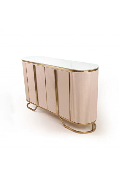 Generic Beige Buffet Cabinet with Wooden Frame Top and Stainless Steel Base a...