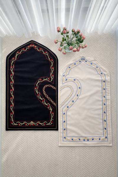 uhtico Kalpli Seccade Eşli Çift Seccade Nakışlı Siyah Ve Krem, Gelin Damat Bo...