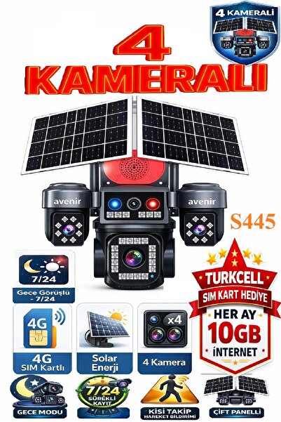 TRCharger Avenir S445 AOV 4 Kameralı Güneş Enerjili 4G Kamera 7/24 Kayıt 1 Yı...