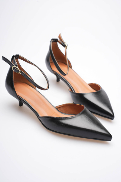 Long Star Women's Black Faux Leather Pointed Toe Ankle Strap Short Heeled Cas...