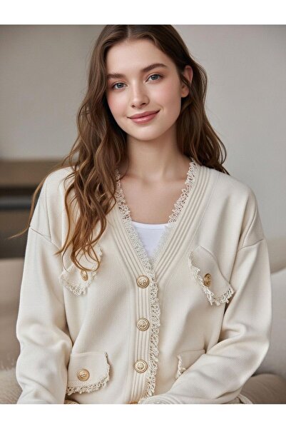 Yellowmoon Kadın Gold Düğmeli İplik Detaylı Hırka