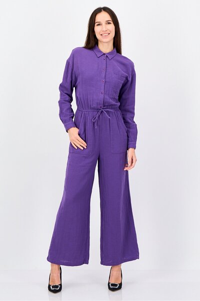 PROMOD Women Plain Long Sleeve Jumpsuits, Purple