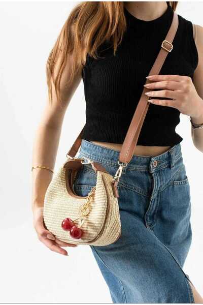 ÖZÜM TAKI Women's Cherry Charm Gift Straw Shoulder Crossbody Bag Mokka