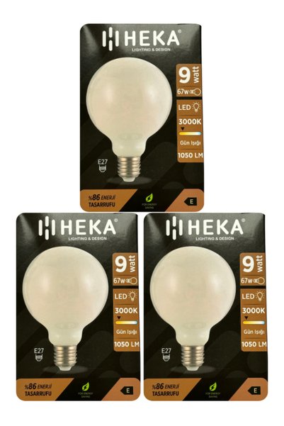 Heka (3 Adet) 9W (67W) 3000K (Sarı Işık) E27 Duylu (Kalın Duy) Led Glop G95 A...