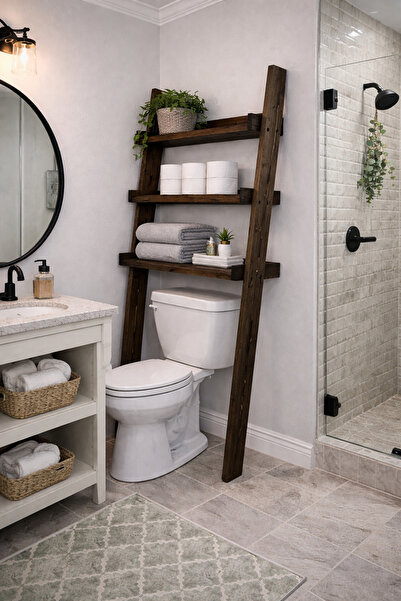 Handmade Doğal Ahşap Banyo Düzenleyici Klozet Üstü Ahşap Raf 170 Cm