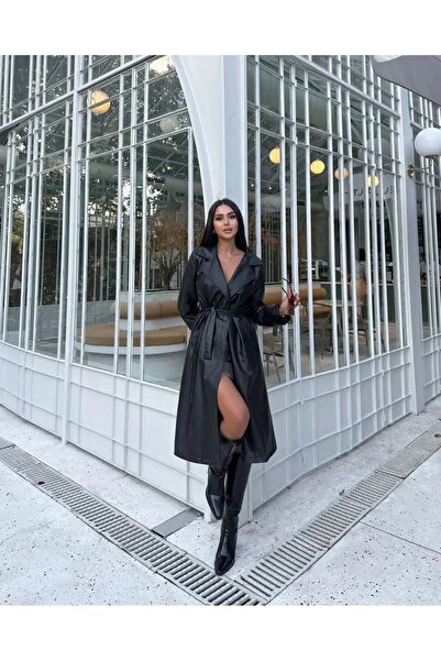 MEECY Palton lung din piele cu curea pentru femei, nou sezon