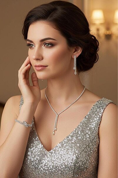 Valmont Damla Taşlı 3'lü Su Yolu Kolye, Küpe ve Bileklik Seti - Düğün, Kına, ...