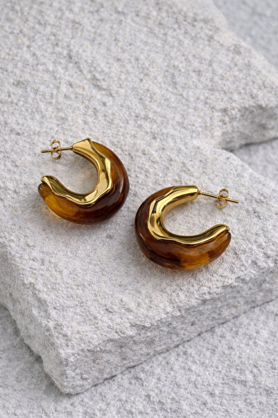 Owentis Çelik Gold Vintage Kahverengi Reçine Model Eaux Küpe -kararma yapmaz-
