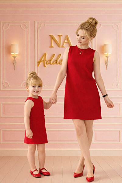 NA ADDESIGN Mother-Daughter Red Basic Dress Set – Dabıl Crepe Comfort