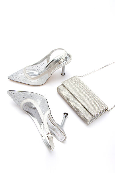 Melvoria Women's Stoned Transparent Mesh Evening Dress Shoes and Stoned Bag Set