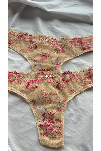 YOYYO 2-Piece Women's Floral Patterned Thong with Floral Lace Detail - Panties