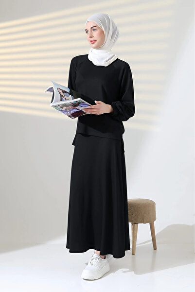 MetuCA Women's Black Crew Neck Flowy Modal Fabric Tunic Skirt Double Set