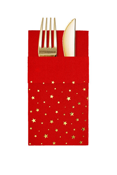 Story مناديل ورقية حمراء اللون مقاس 40x40 سم بنمط نجوم ذهبية مع 16 جيبًا