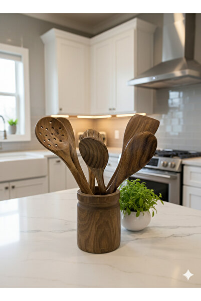 Dia Acacia Wooden Spoon Set 7-Piece Spoon Holder Set