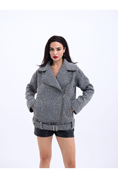 yor garment Kadın Gri Kemerli Asimetrik Fermuarlı Biker Mont