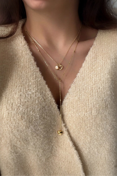 stravis Gold Color Heart Charm 2-Piece Necklace Set