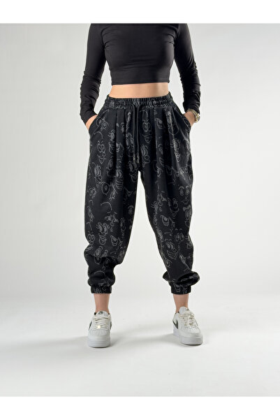 COCOPELLI Face Patterned Black Pleated Women's Jogger Pants Coc2759