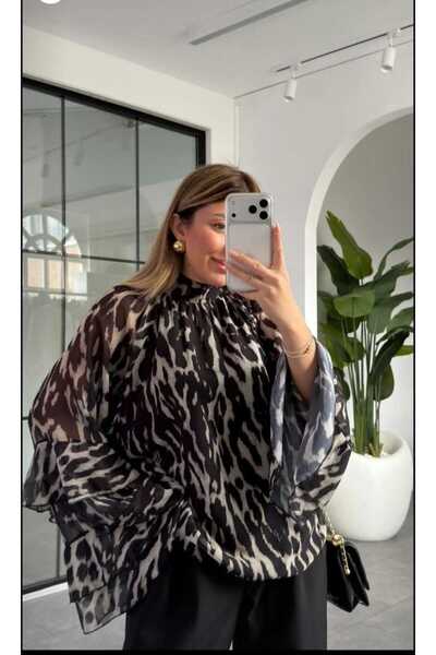 KAREN Leopar Desenli Şifon Bluz