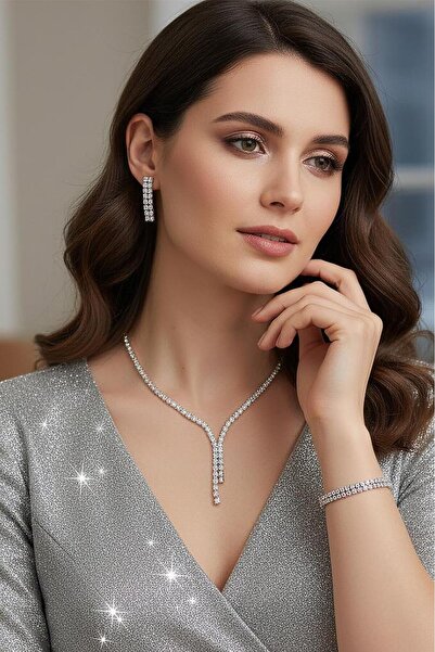 Valmont Taşlı Su Yolu 3'lü Kolye, Küpe ve Bileklik Seti - Düğün, Kına, Nişan ...