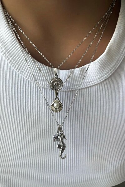 stravis طقم قلادة من 3 قطع متعددة الأشكال باللون الفضي