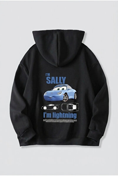 LUMİART Valentine's Day Special Hooded Car Printed Oversized Sweatshirt - Black
