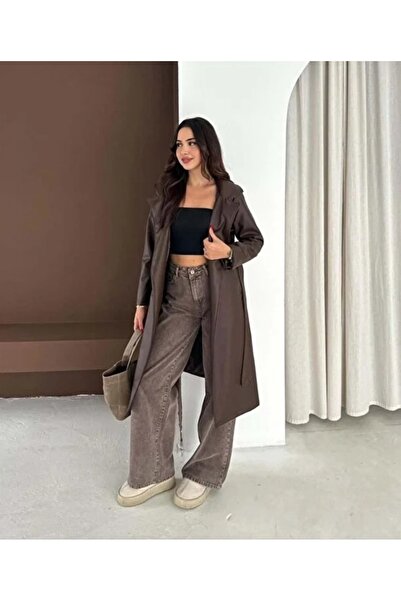 MEECY Women's New Season Belted Long Leather Overcoat