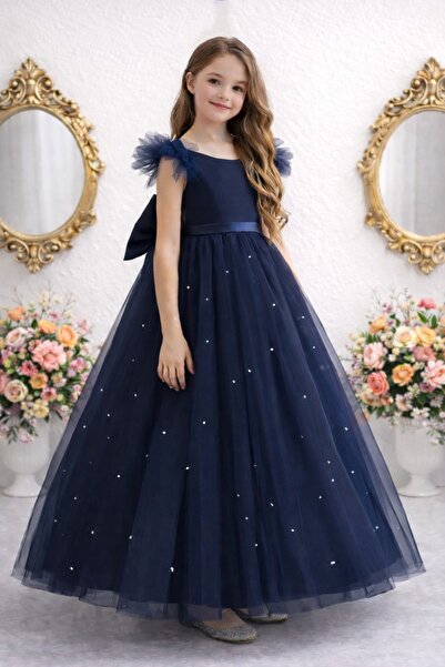 SUNEH Fırfır Kollu Lacivert Uzun İncili Kız Çocuk Prenses Elbise Mezuniyet Do...